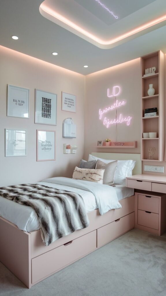 Modern pink bedroom with neon sign, art wall, cozy bed, and soft lighting for a stylish and relaxing vibe.