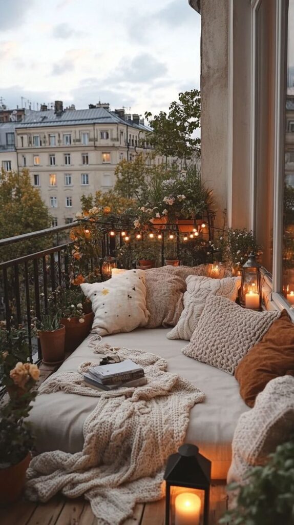 Cozy balcony with cushions, blankets, and candles; cityscape view with warm ambiance and potted plants.