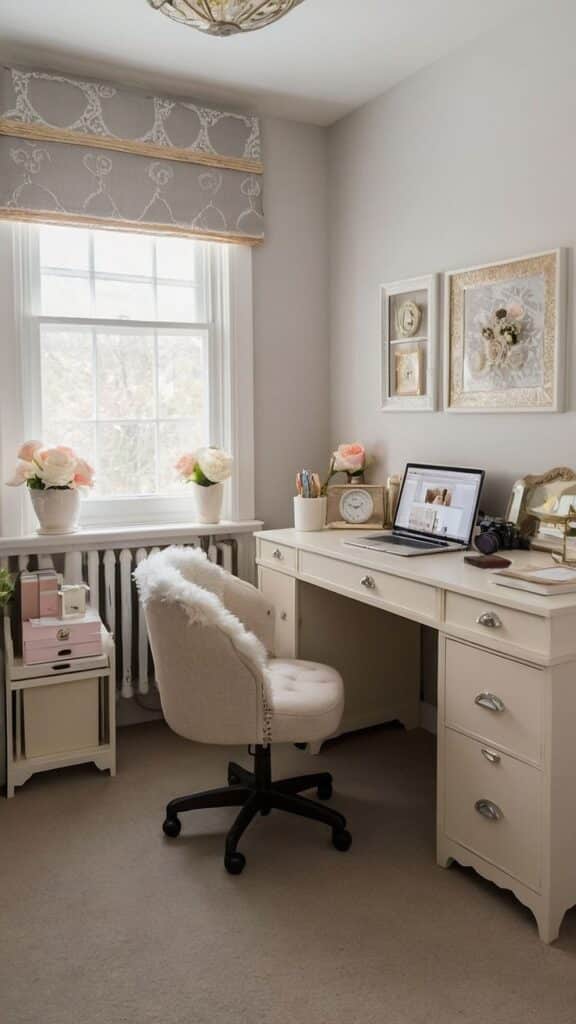 Cozy home office with vintage desk, laptop, and elegant decor near a window.