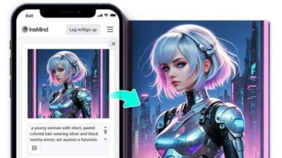 Cyberpunk woman with silver hair and armor, set in a futuristic cityscape, displayed on a smartphone and book.