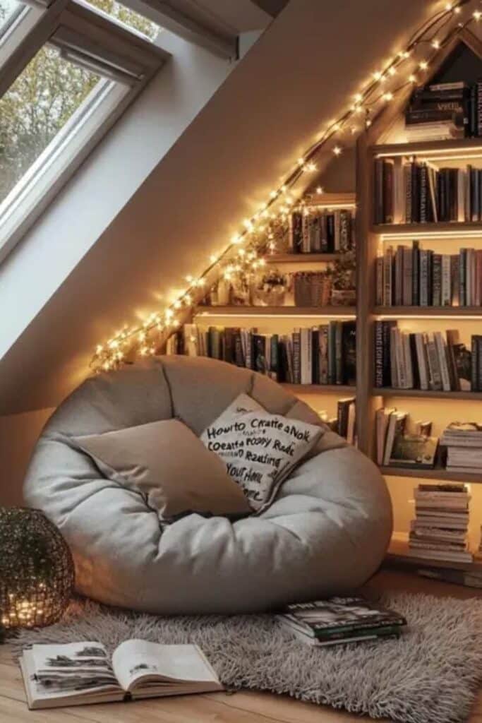 Cozy reading nook with bean bag, fairy lights, and bookshelf under a slanted ceiling. Perfect for relaxation and reading.