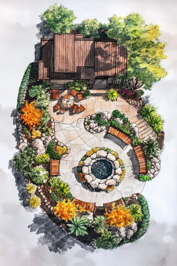 Beautiful backyard design with patio seating, vibrant plants, and a central fire pit. Bird's-eye view illustration.