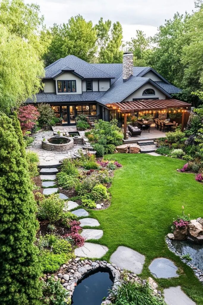 Charming backyard with lush garden, patio with string lights, stone pathway, and small pond, enhancing a cozy home vibe.