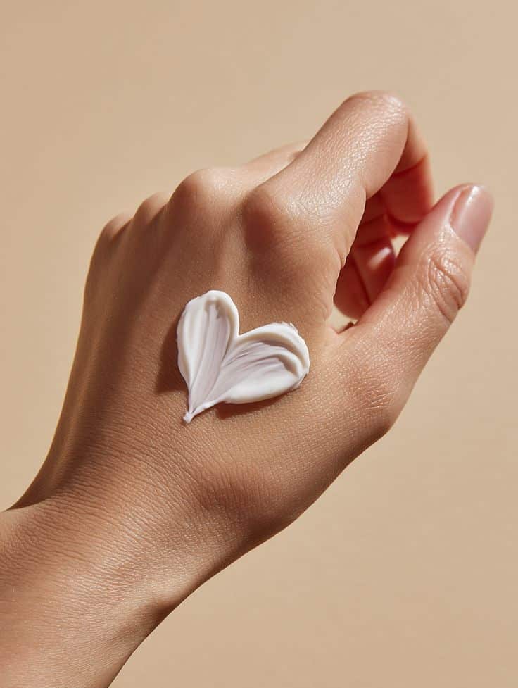 Heart-shaped lotion on a hand, showcasing smooth, hydrated skin against a beige background.