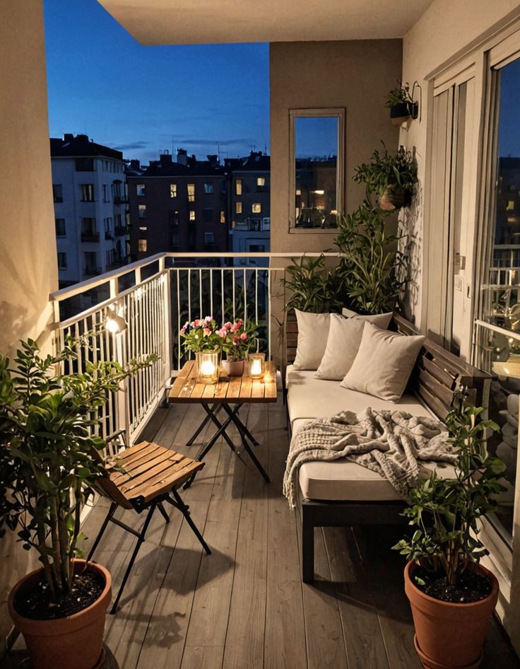 Cozy balcony at dusk with plants, candles, and a cushioned bench, creating an inviting outdoor relaxation space.