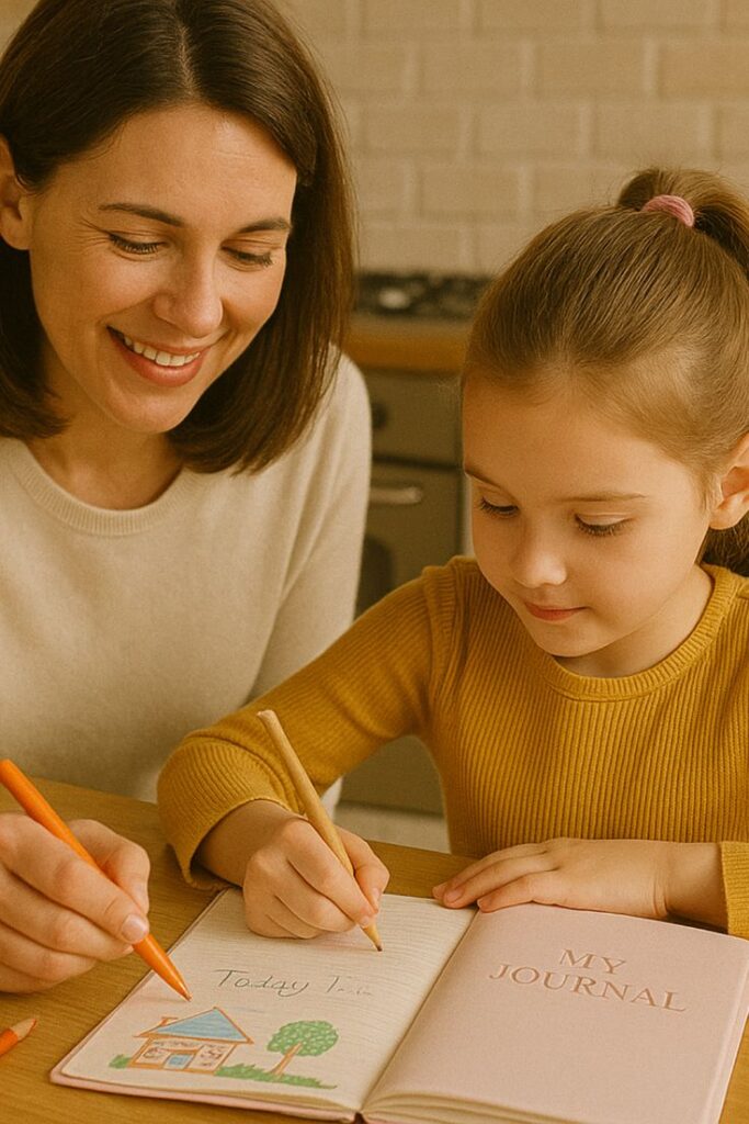 Mother and daughter drawing together in a journal at home, smiling and bonding over creative activities.