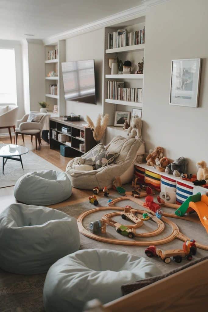 Cozy living room play area with bean bags, toy train set, and bookshelves. Perfect for family relaxation and fun.