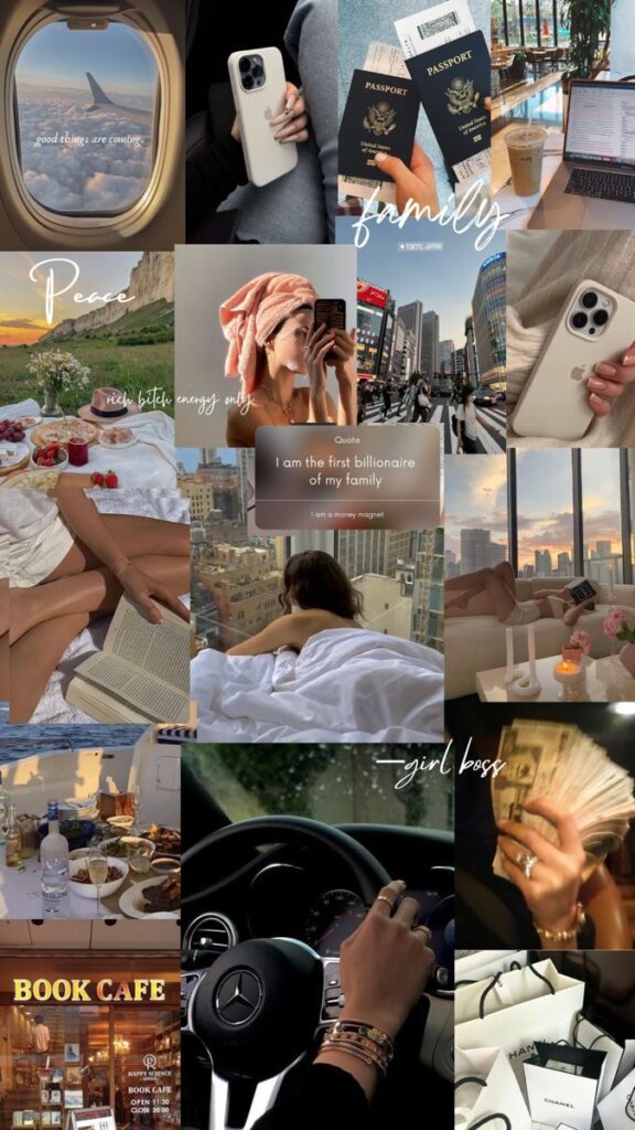 A luxurious lifestyle collage featuring travel, wealth, relaxation, and empowerment with travel, shopping, and city scenes.