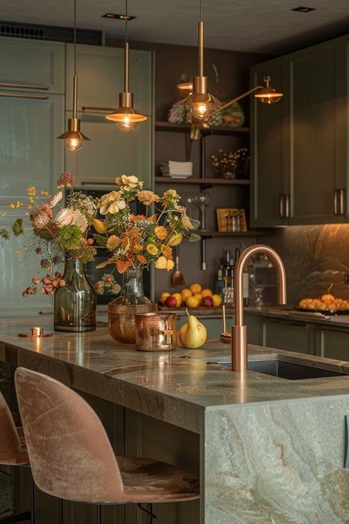 Warm-toned modern kitchen with marble countertop, floral centerpieces, pendant lighting, and copper faucet.