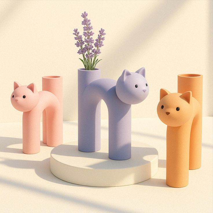 Colorful cat-themed vases in pastel shades with lavender display on a white platform.