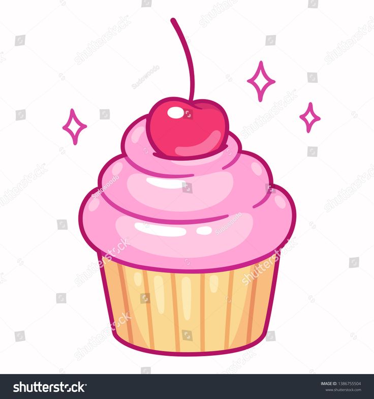 Cute cartoon cupcake with pink frosting, topped with cherry and sparkles, on white background. Perfect for dessert themes.