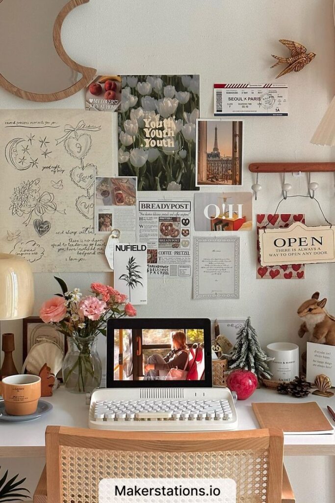 Cozy home office with a mood board, vintage decor, flowers, and a laptop on a desk.