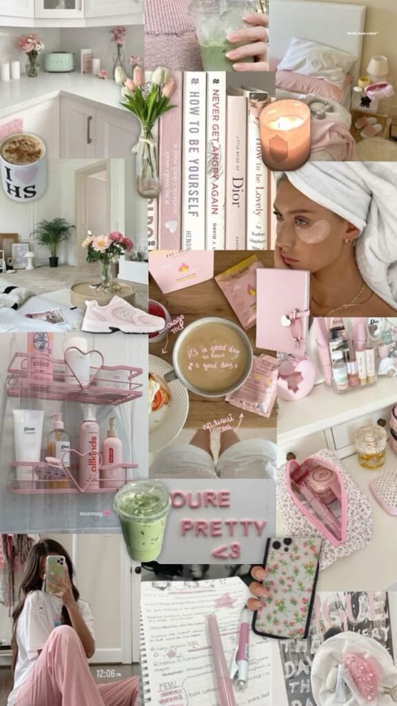 Collage of pastel pink lifestyle and self-care items, including books, skincare, flowers, and cozy decor.