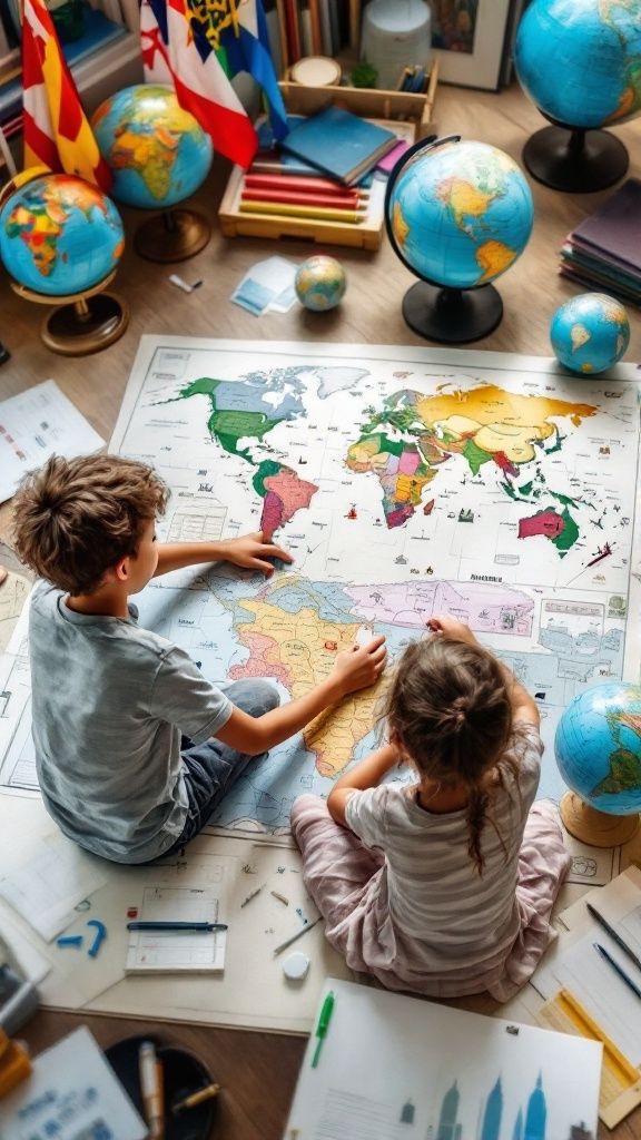 Children exploring a world map on the floor surrounded by globes, flags, and educational materials.