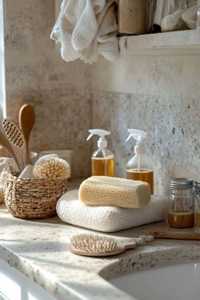 Eco-friendly bathroom cleaning supplies with loofah, brushes, and natural cleaner bottles on a stone countertop.