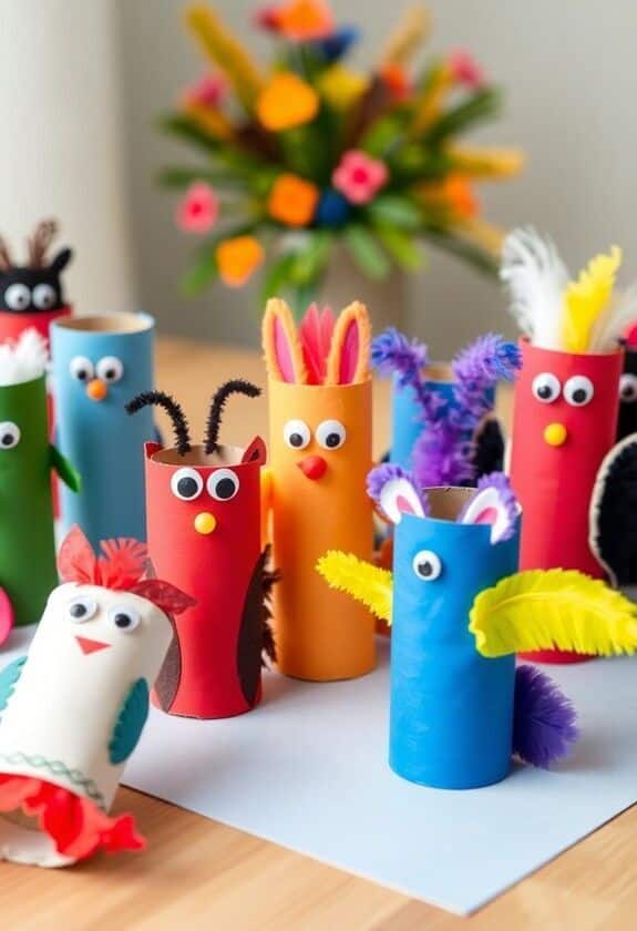 Colorful cardboard tube crafts resembling animals with googly eyes and felt details on a table.