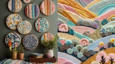 Colorful embroidery hoops on a wall and detailed landscape embroidery art showcasing vibrant textures and patterns.