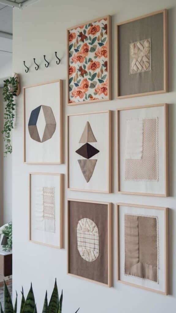 DIY Fabric Wall Art_ Turn Your Old Fabrics Into Modern Masterpieces 🖼️🎨 Wall art gallery with nine framed fabric patterns in a bright room, accented by plants and decorative hooks. | Sky Rye Design Wall art gallery with nine framed fabric patterns in a bright room, accented by plants and decorative hooks.