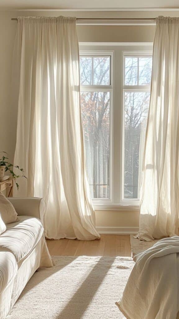 Sunny living room with sheer curtains, large window, and cozy beige decor.