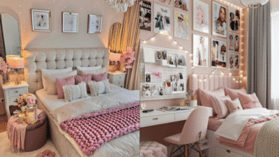 Chic pink bedroom decor with string lights, plush bedding, stylish art, and cozy workspace. Perfect girly aesthetic.