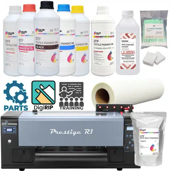 DTF printing package with pigment inks, isopropyl alcohol, cleaning supplies, and Prestige R1 printer.