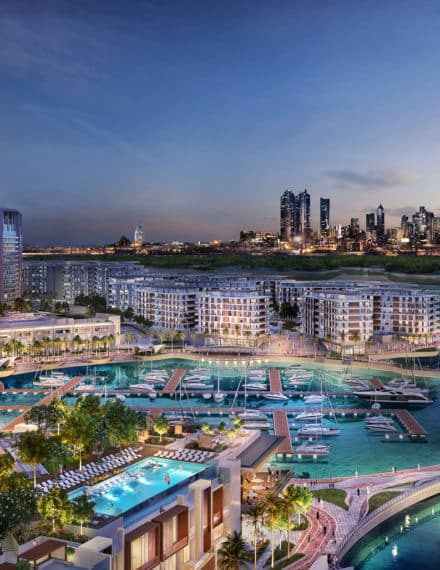 DUBAI_CREEK_HARBOUR_HERO-440x570 Luxurious waterfront cityscape at dusk with yachts, pool, and a vibrant skyline in the background. | Sky Rye Design Luxurious waterfront cityscape at dusk with yachts, pool, and a vibrant skyline in the background.