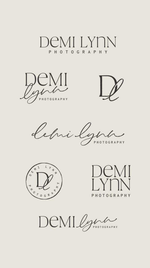 Various logo designs for Demi Lynn Photography featuring elegant fonts and creative styles.