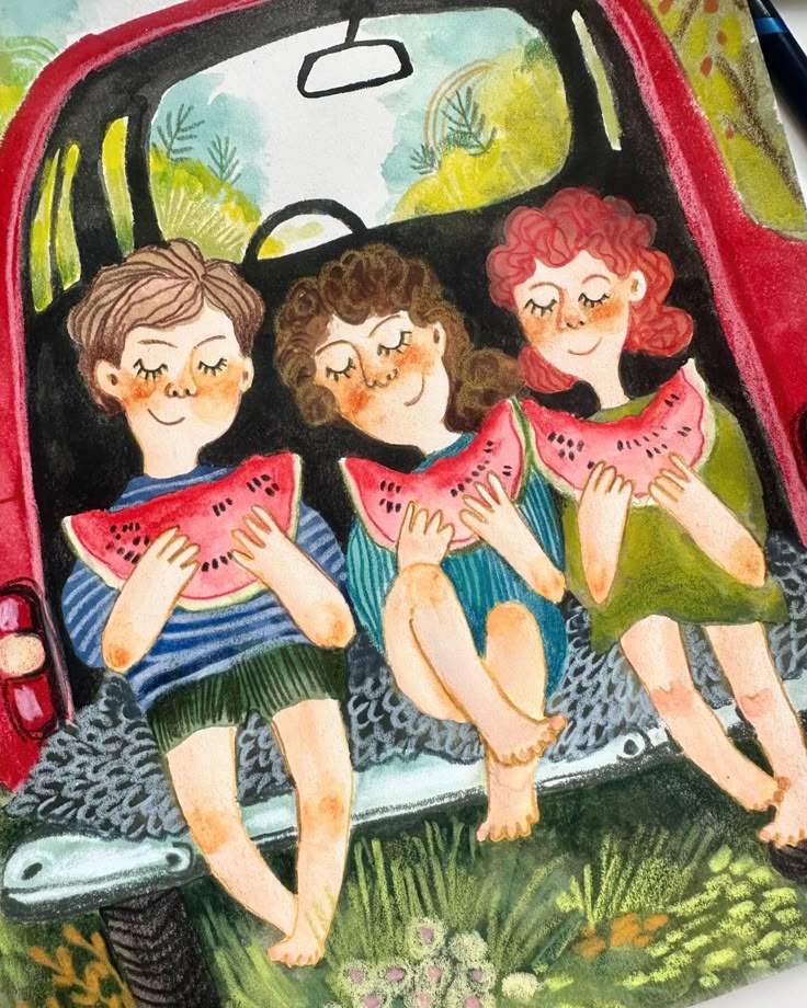 Kids enjoying watermelon slices sitting in a car trunk, surrounded by nature. Playful summer illustration.