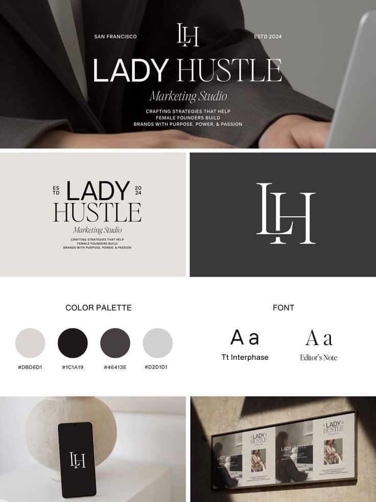 Lady Hustle Marketing Studio brand kit with logo, color palette, fonts, and promotional materials displayed stylishly.