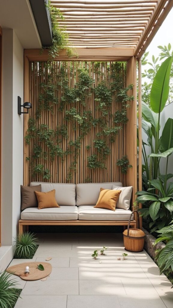 Outdoor patio with beige sofa, orange cushions, surrounded by lush greenery and bamboo trellis, under pergola shade.