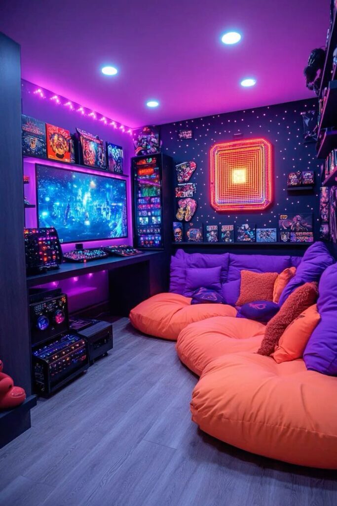 Decorative Objects Colorful gaming room with neon lights, large screen, and cozy seating. Perfect setup for gaming and relaxing. | Sky Rye Design Colorful gaming room with neon lights, large screen, and cozy seating. Perfect setup for gaming and relaxing.