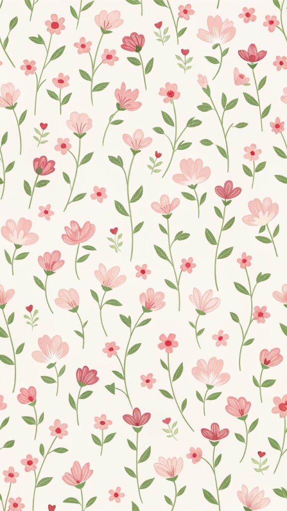 Seamless pattern of pink and red flowers with green leaves on a light background, perfect for spring-themed designs.