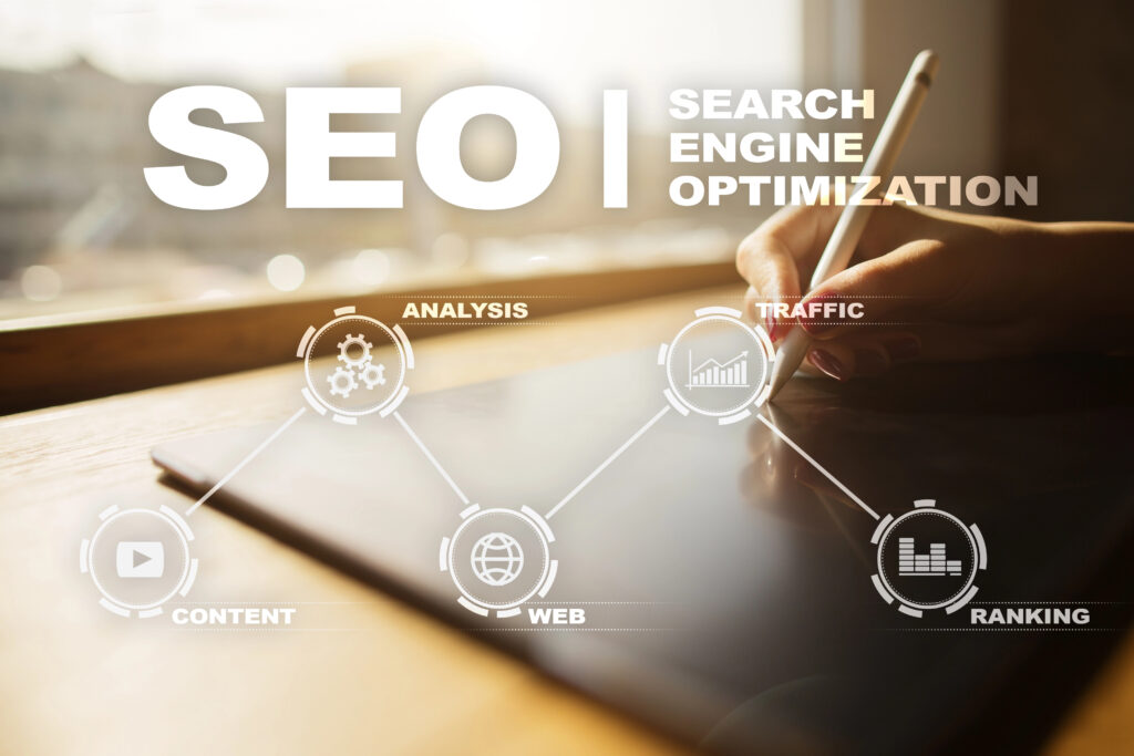 SEO diagram with keywords: content, analysis, web, traffic, ranking. Person using tablet with stylus in background.