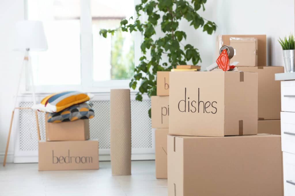 Cardboard boxes labeled for moving, stacked with pillows nearby in a bright room.