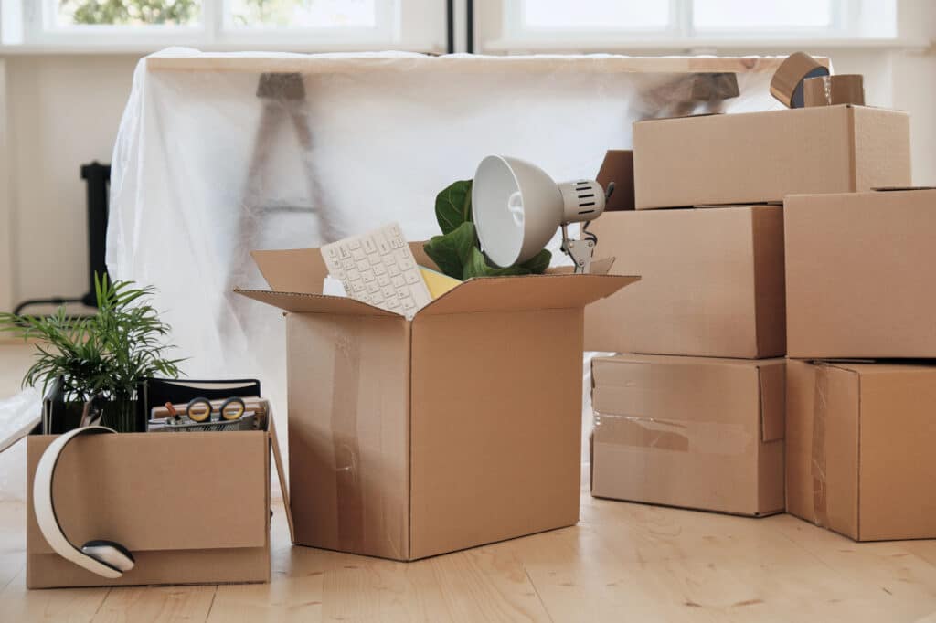 Cardboard boxes packed with office supplies and plants, ready for moving.