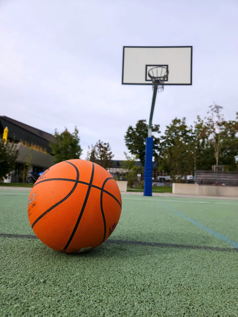 Basketball resting on outdoor court near hoop, with trees and cloudy sky in background. Ideal for sports themes.