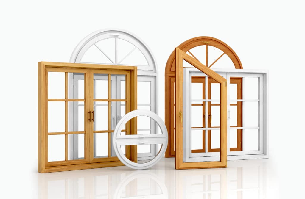 Variety of stylish wood and white windows in different shapes and sizes on a white background.