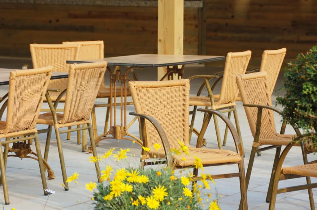 Depositphotos_8914011_XL Outdoor patio seating with wicker chairs and table, surrounded by vibrant yellow flowers. | Sky Rye Design Outdoor patio seating with wicker chairs and table, surrounded by vibrant yellow flowers.