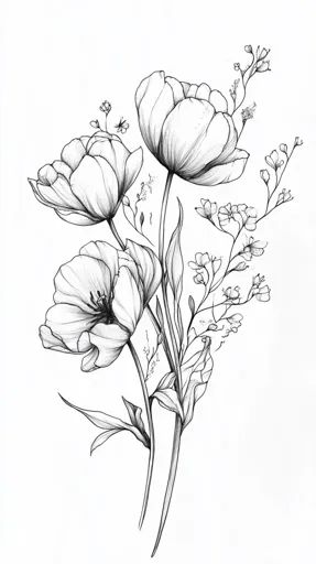 Black and white sketch of delicate blooming flowers with buds and leaves, showcasing intricate botanical details.