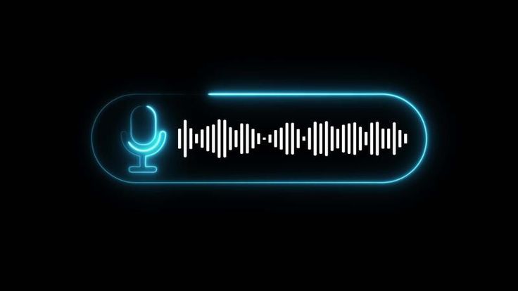 Glowing blue microphone icon with soundwave on black background, representing voice recording or audio technology.