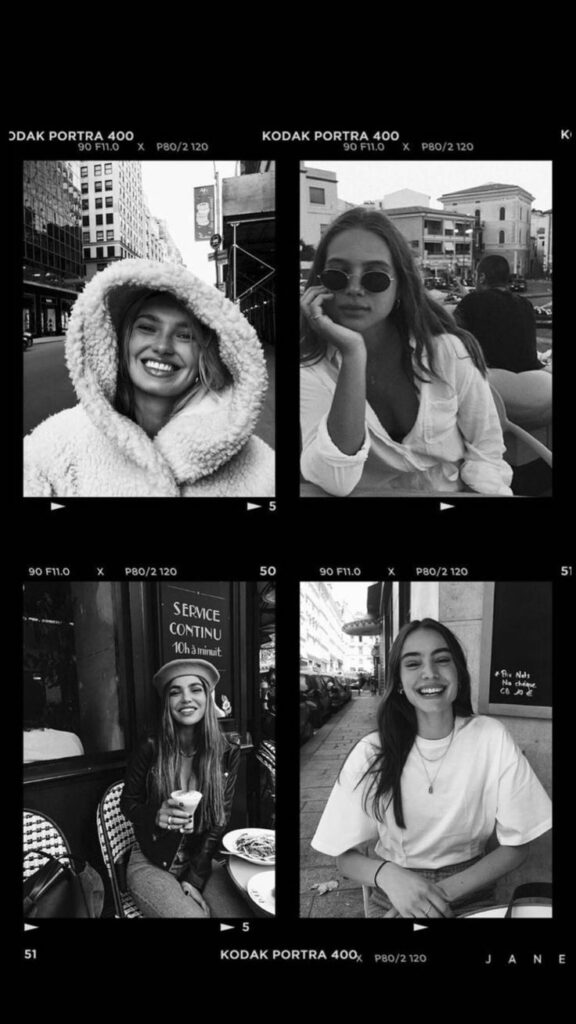 Black and white film strip of smiling women in urban settings, capturing candid joyful moments.