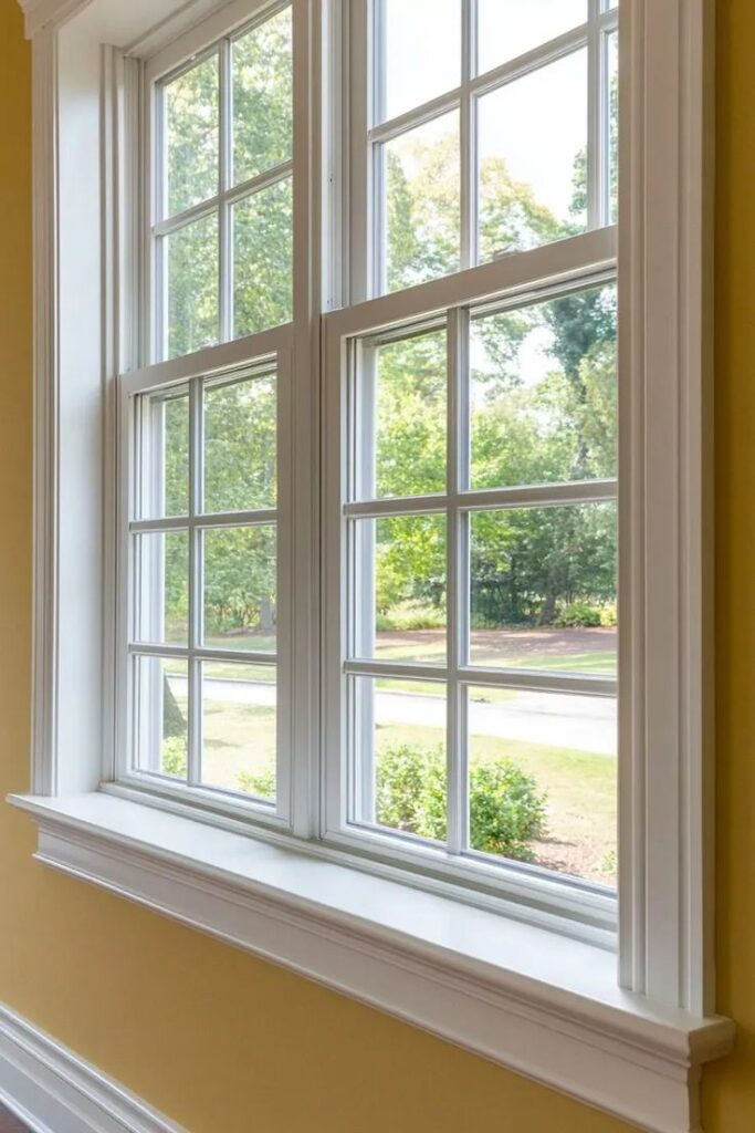 Large sunlit double-pane windows with white frames and a view of greenery outside.