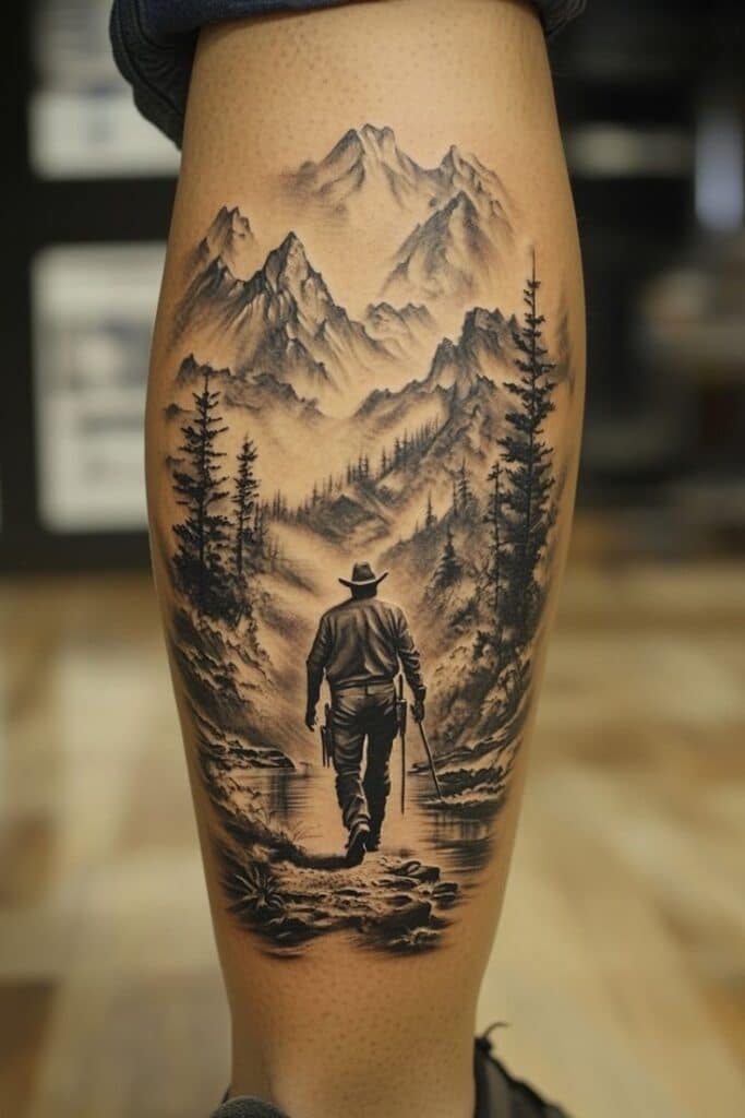 Tattoo of a lone hiker walking towards mountains, surrounded by trees and a serene landscape on calf skin.