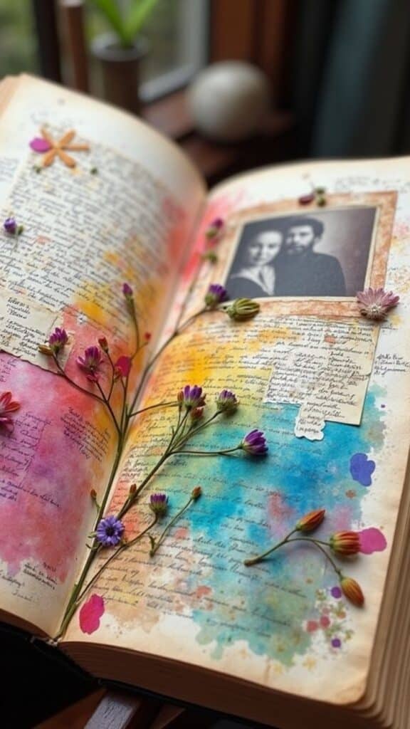Open book with colorful watercolor pages, vintage photo, handwritten notes, and tiny flowers.