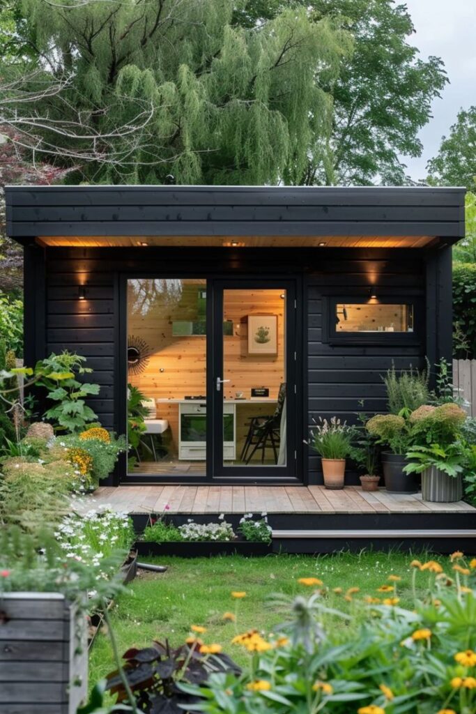 Modern garden office with black exterior, lush greenery, and warm interior lighting.