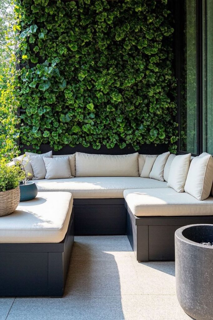 Modern outdoor seating area with vertical garden and cozy cushions. Perfect for relaxing in a natural setting.