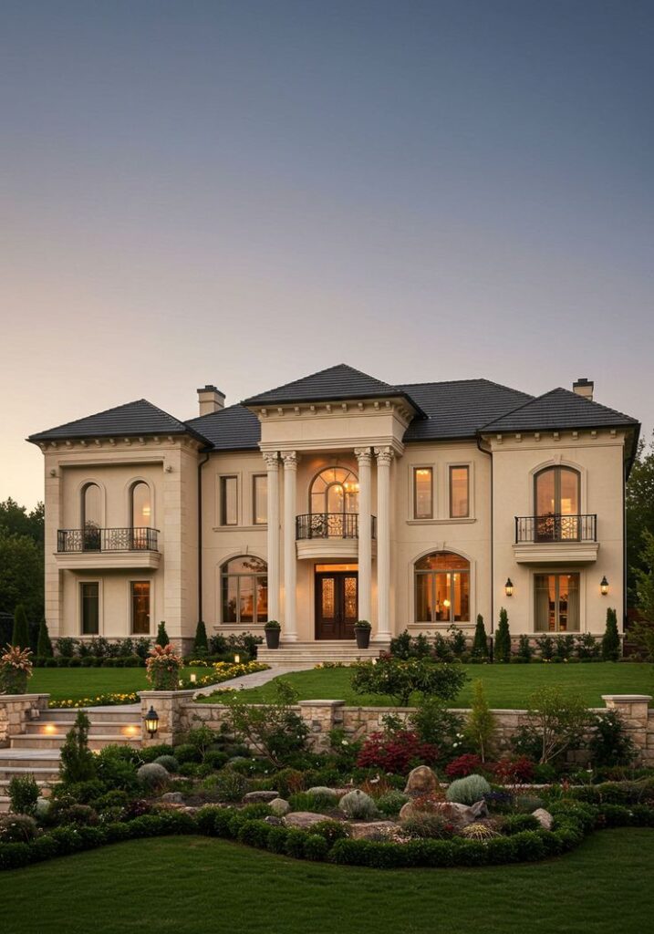Elegant mansion with columns and manicured garden at dusk, showcasing luxury architecture and landscaping.
