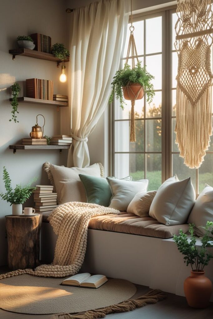 Cozy reading nook with pillows, plants, books, and soft natural light streaming through a window with macramé decor.