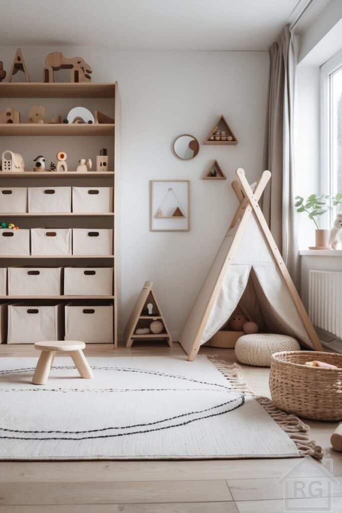Minimalist kids' playroom with a wooden teepee, storage shelves, and cozy decor. Natural light and neutral tones.
