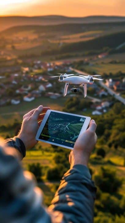 Person controlling a drone with a tablet over a scenic landscape at sunset.